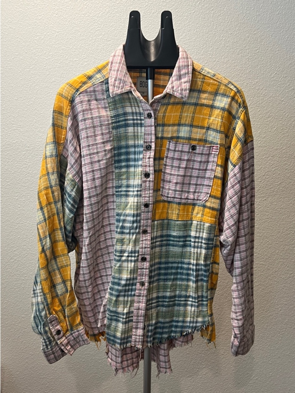 BDG Patchwork Plaid Button-Down Flannel Shirt in Yellow, Pink, Green Size L